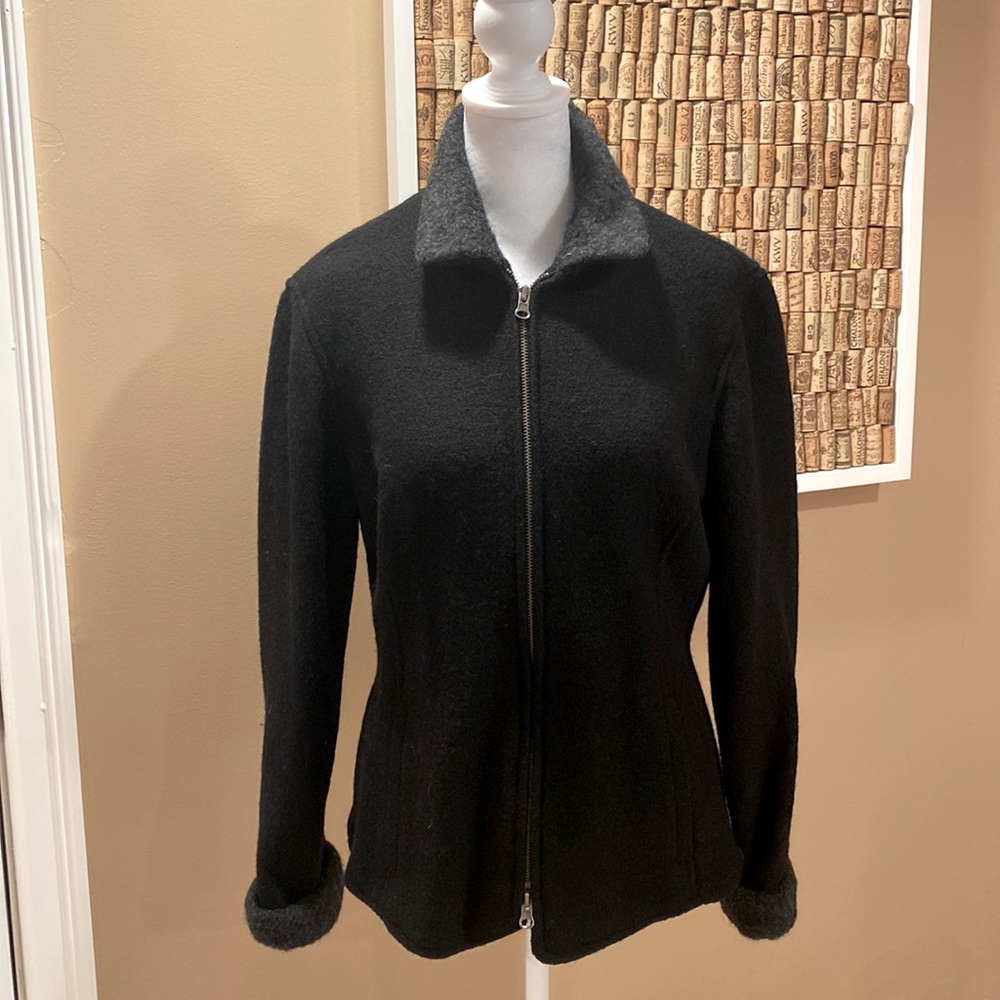 Jenne Maac Black Wool Jacket with Gray Neck and Sleeve Trim